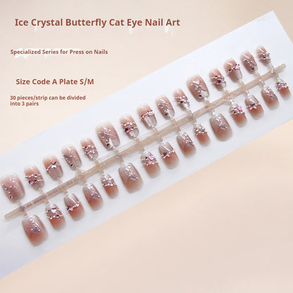 Nail Tips  prefabricated nail bright three-dimensional butterfly gradual change French cat eye sweet white diamond removable manicure 30 pieces｜365nails