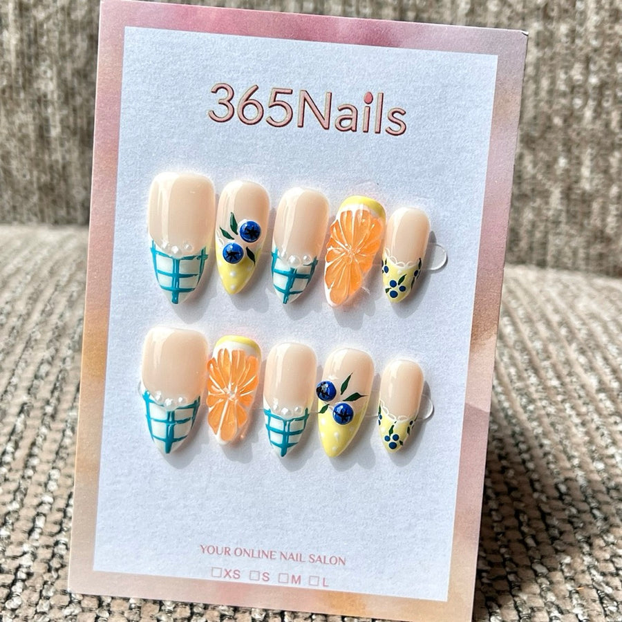 365nails: "Citrus & Blueberry Picnic" – Handmade Medium Almond Press On Nails