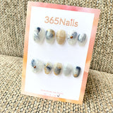 365nails: "Porcelain Ink" – Blue Watercolor Bloom & 3D Gold Handmade Oval Nails