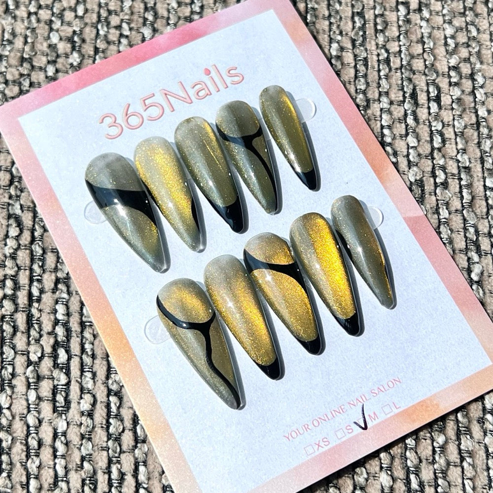 365nails: "Olive Noir Wave" – Unhas Stiletto Artesanais Abstratas Pretas e Olivas Cintilantes