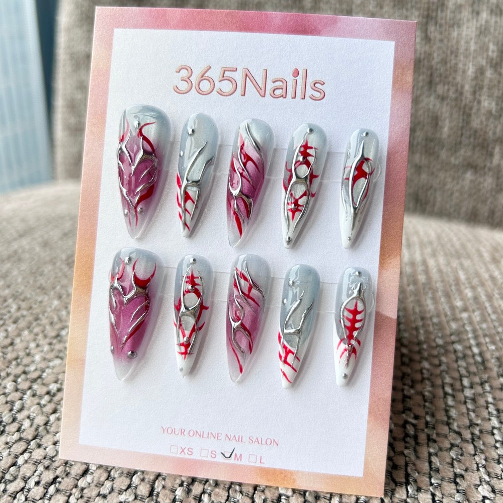 Femme Fatale: "Crimson Sigil" – Icy Grey & Berry Blush Ombre with 3D Silver Chrome Cyber Tribal Lines Long Stiletto Nails