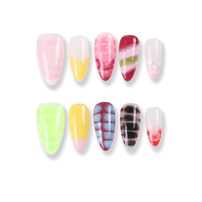 Short almond nail is purely hand-painted, good-looking and white temperament, medium and long