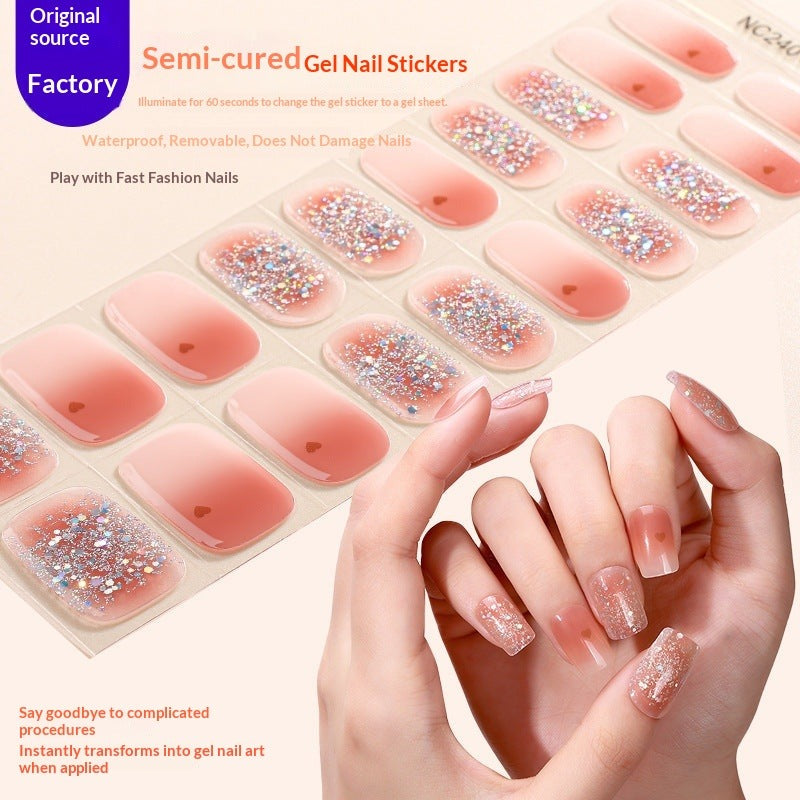 Semi-Cured Gel Nail Strips French Glitter Pink Sparkle Glossy Set (MOQ=3)