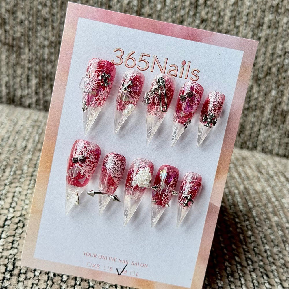 365nails: "Crimson Cracked Rose Punk" – 3D White Rose & Metal Spike Safety Pin Handmade Long Stiletto