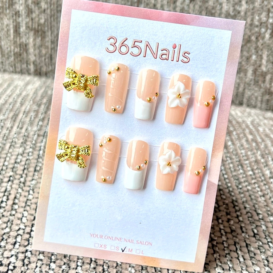 "Nude French Gold Bow Flower" - Wholesale Ultra-Soft Flexible Fit Handmade Nails (MOQ=100)