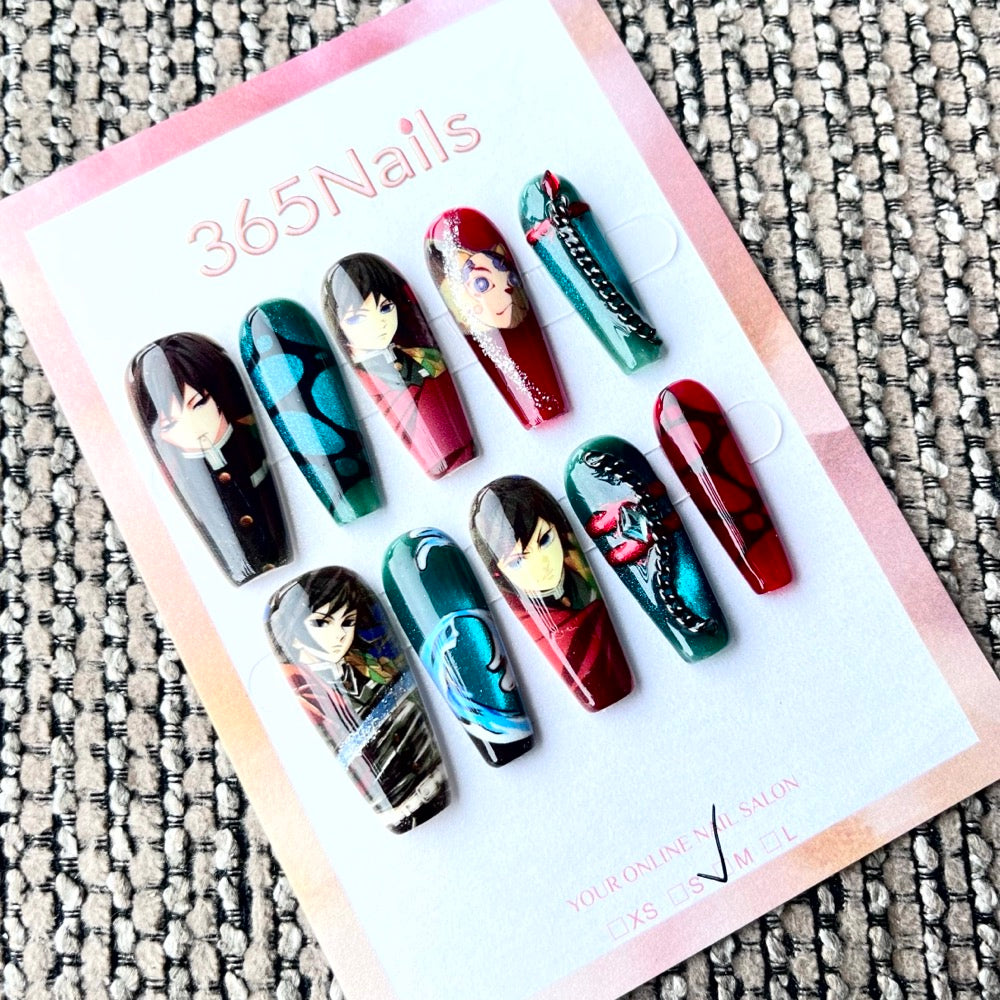 365nails: "Demon Slayer Giyu Tomioka" – Handmade Medium Trapezoid Press-On Nails