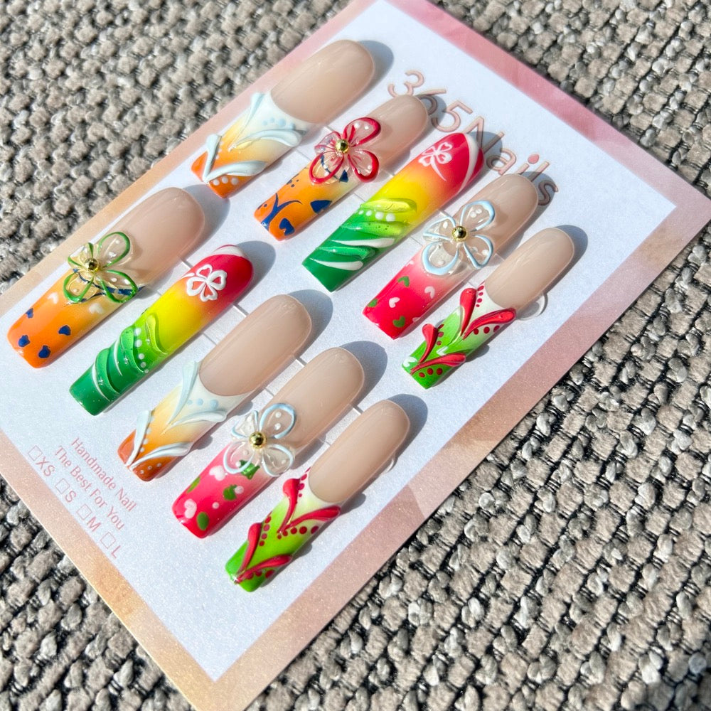 Handmade Tropical Sunset 3D Wire Flower Press-on Nails | Airbrushed Gradient & Abstract Art | Long Coffin
