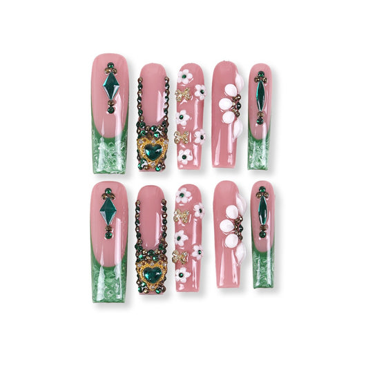 365Nails Emerald Heart Floral Split Long Square Press-Ons