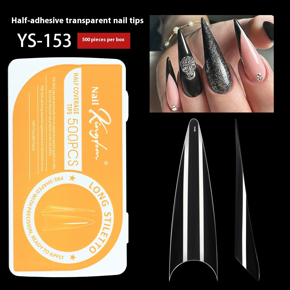 Nail Tips long-pointed semi-sticker nail piece,  triangular pointed transparent fake nail patch French pointed nail piece