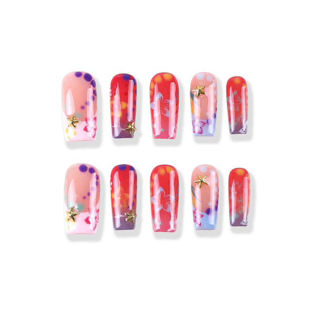 Coral Red Gradient Starfish Flower Shadow Medium Square Press on Nail
