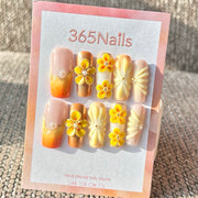 365nails: "Sunset Yellow Flower" – Handmade Medium Square Press-On Nails