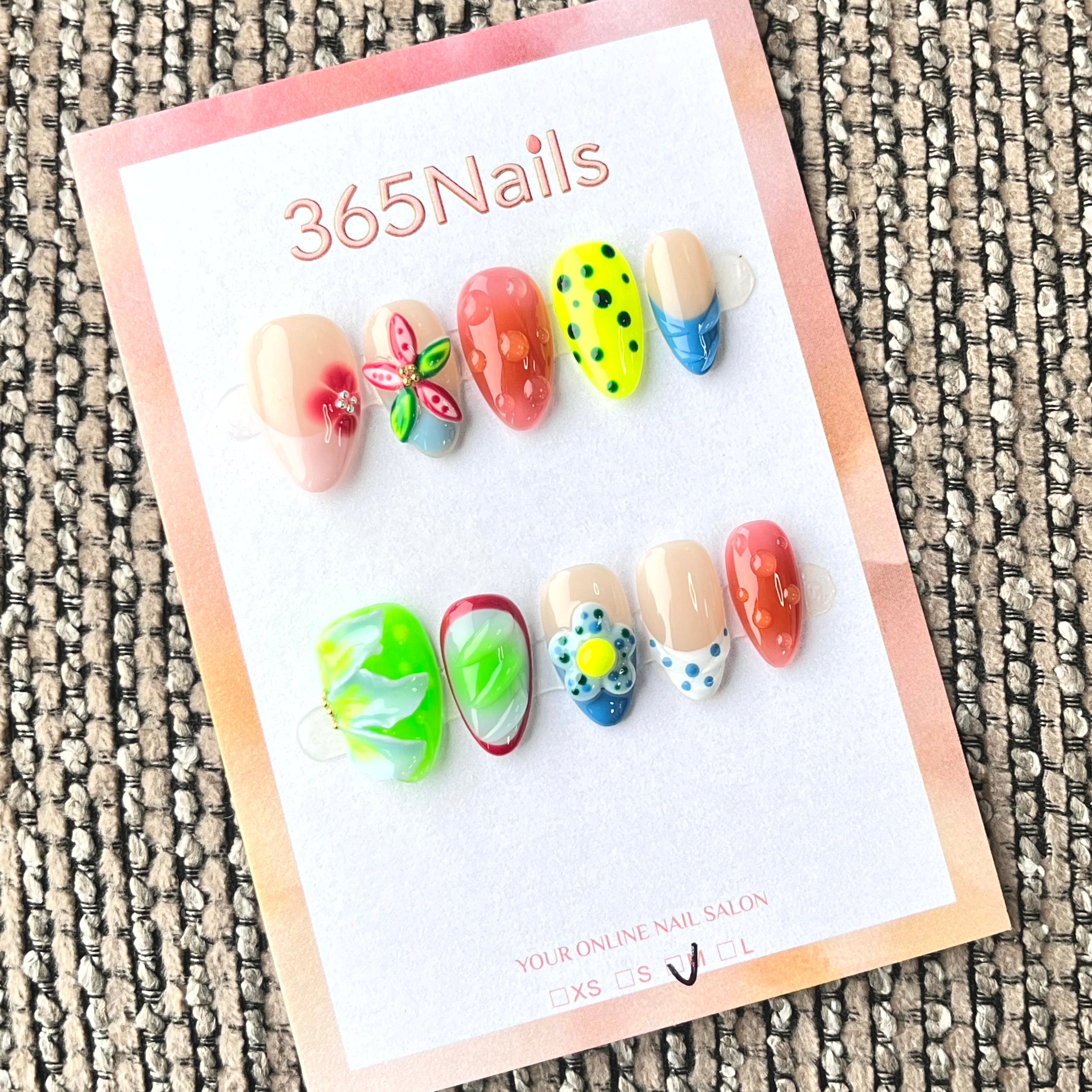 365nails: "Neon Oasis" – 3D Water Drops & Tropical Floral Handmade Almond Nails