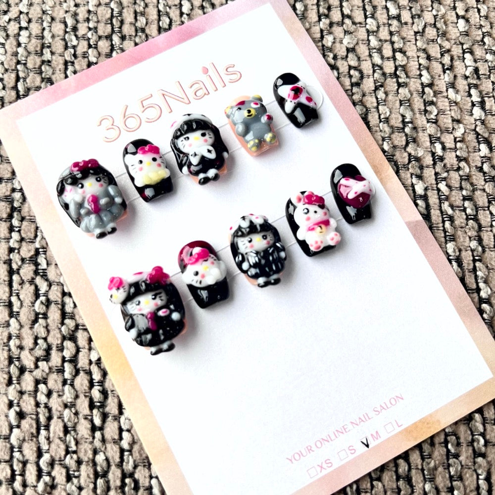 365nails: "Dark Kawaii Dreams" – 3D Hello Kitty Short Square Nails
