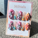 Sculpted Flora: "Pastel Garden Rhapsody" – 3D Gradient Pink & Orange Flowers with Dewdrops on Mixed French Nails