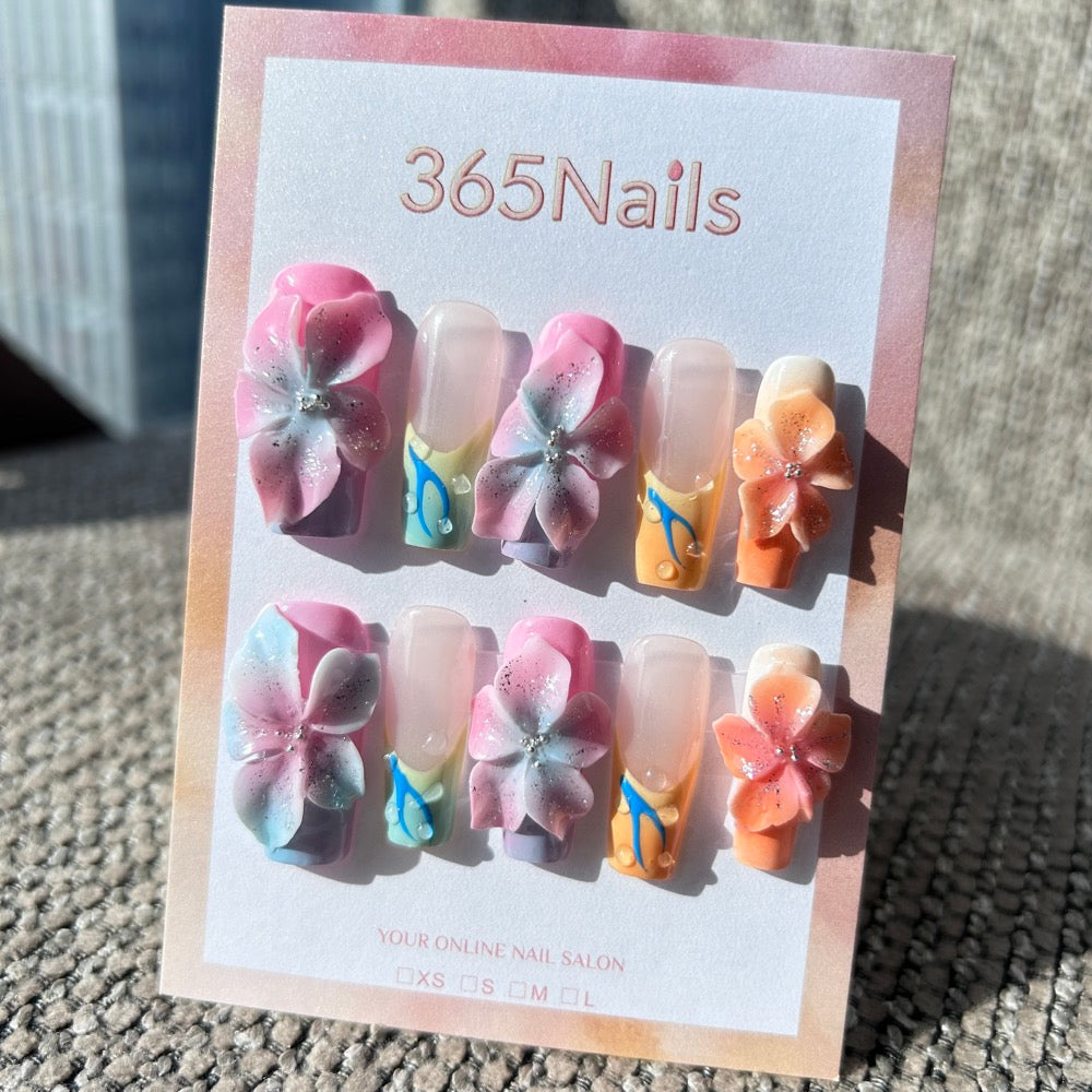 Sculpted Flora: "Pastel Garden Rhapsody" – 3D Gradient Pink & Orange Flowers with Dewdrops on Mixed French Nails