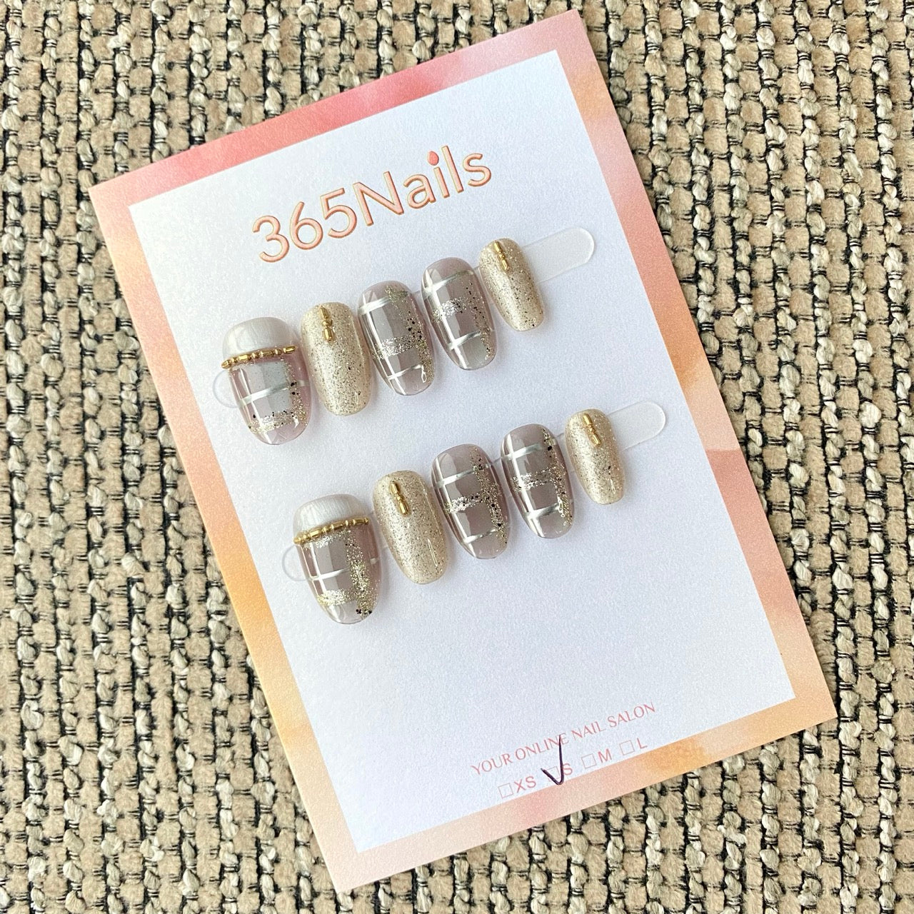 365nails: "Nude Silver Gold French Tip Grid" – handmade press-on nail