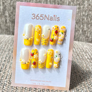365nails: "Sunny Strawberry" – 3D Floral & Gem Handmade Long Square Press On Nails