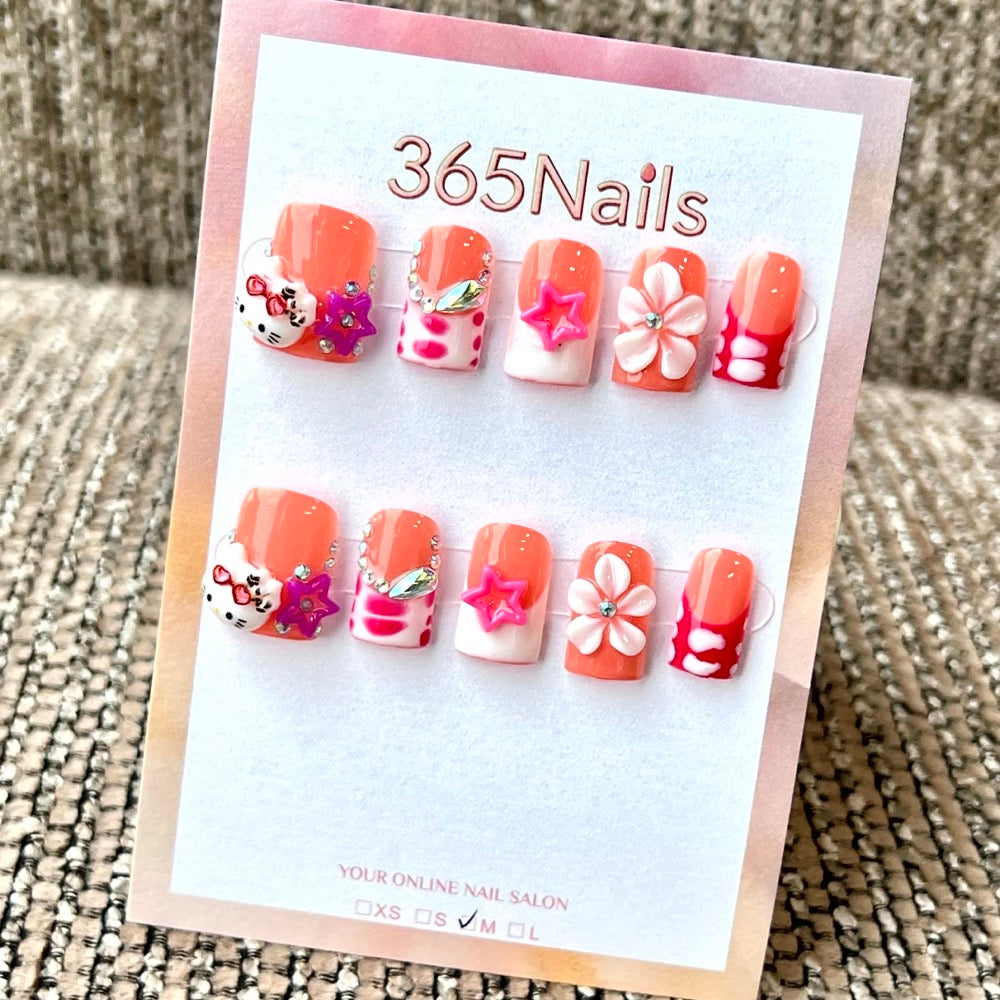 "Peach Hello Kitty" - Wholesale Ultra-Soft Flexible Fit Handmade Nails (MOQ=100)