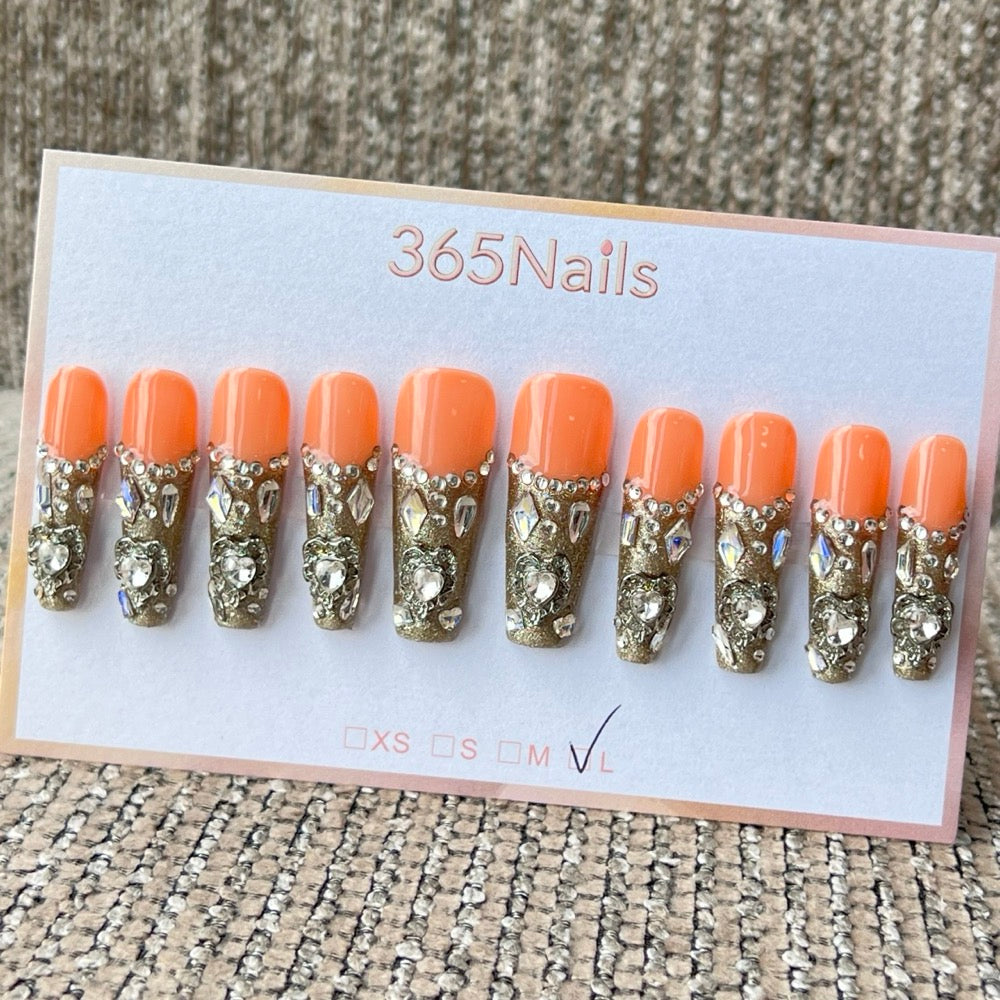 365nails: "Golden Citrus" – 3D 보석 & 레이스 수제 코핀형 네일