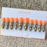 365nails: "Golden Citrus" – 3D 보석 & 레이스 수제 코핀형 네일