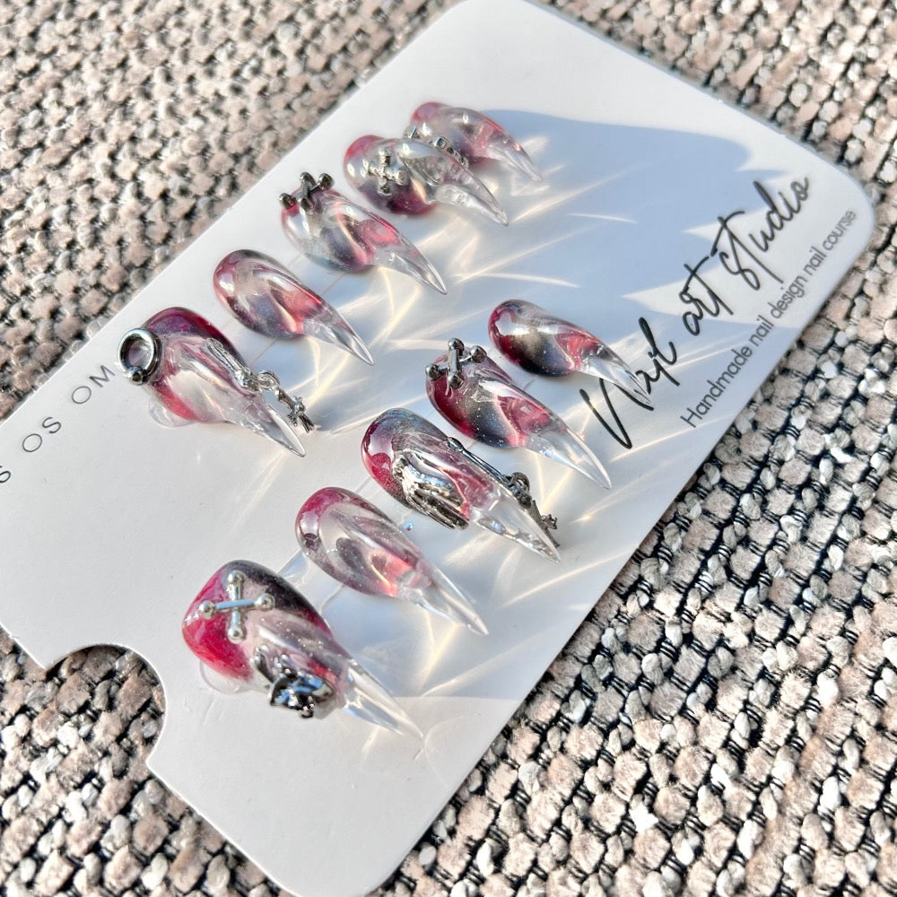 Midnight Vortex Gothic Claw Press On Nails｜Red‑Black Clear Stiletto with Silver Charms