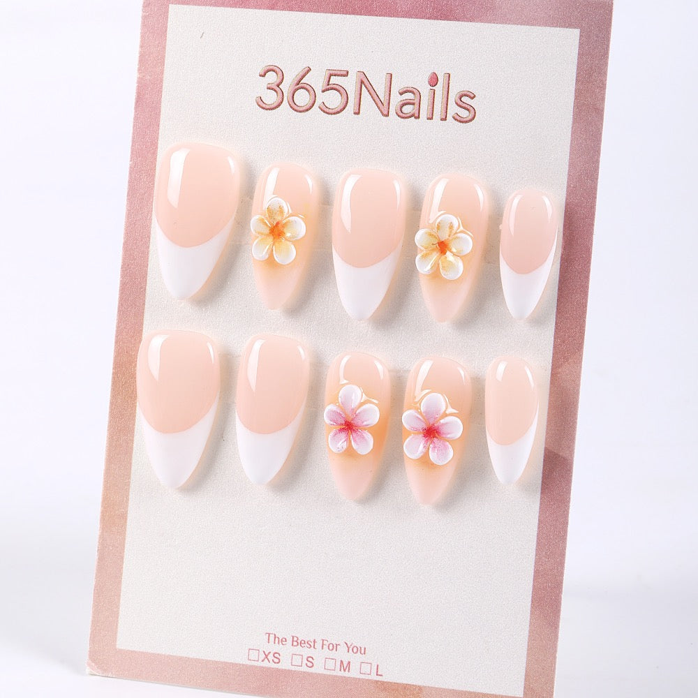365Nails Milky Nude French with 3D Daisy Petals and Glossy Finish Press-On Nails