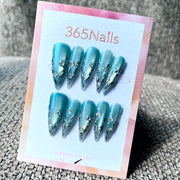 365nails: "Aqua Chrome Drip Stiletto" – Handmade Long Sharp Stiletto Nails