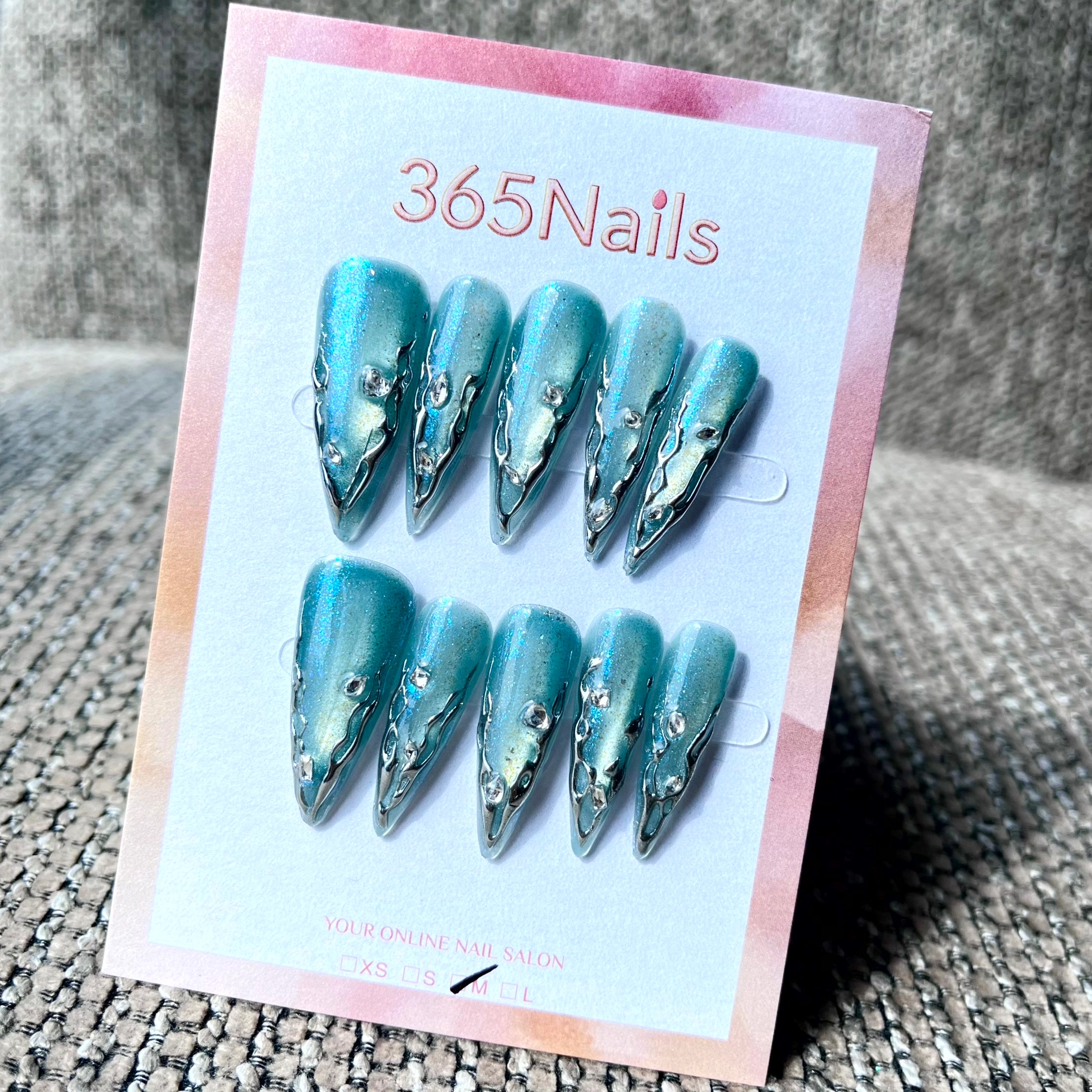 365nails: "Aqua Chrome Drip Stiletto" – Handmade Long Sharp Stiletto Nails