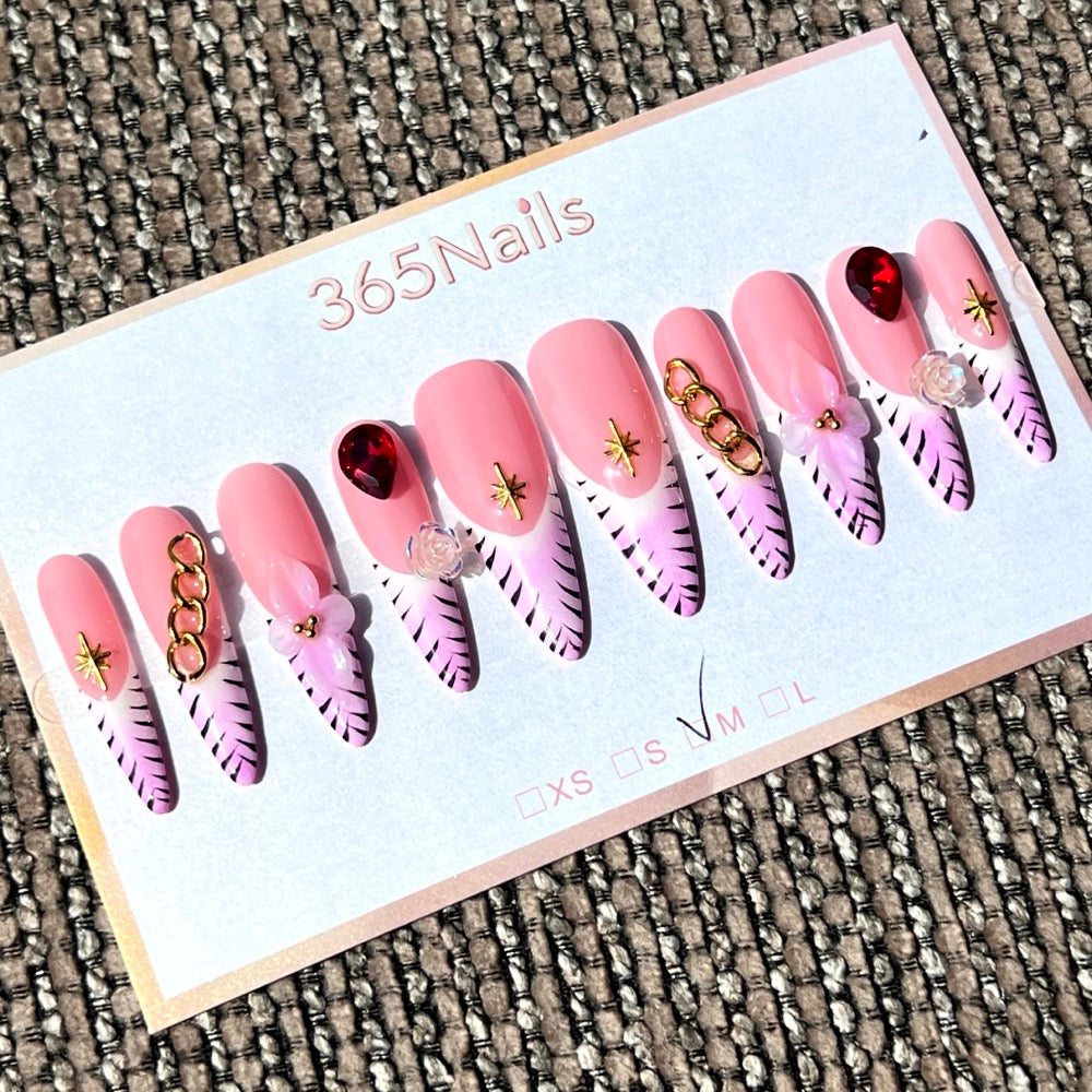 365nails: "野性之心" – 3D 寶石與斑馬紋 手工製 杏仁形 穿戴甲