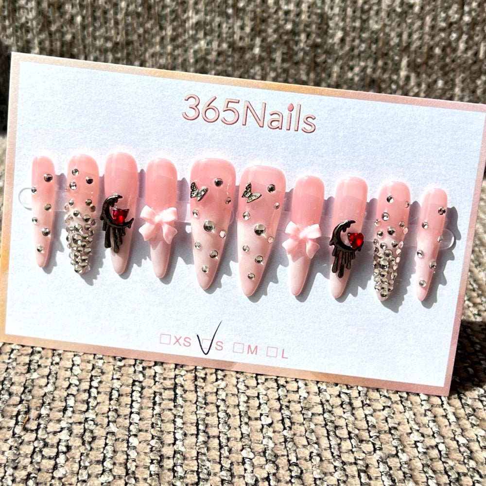 365nails: "Dark Angel" – 3D Wing & Rhinestone Handmade Stiletto Nails