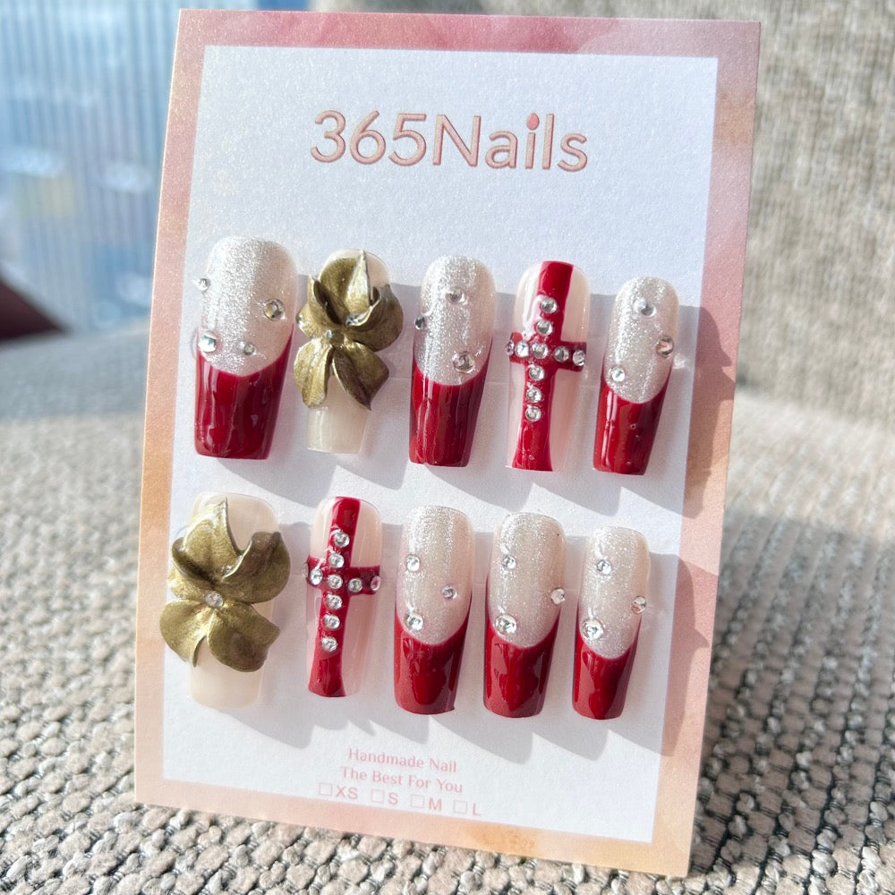 Sculpted Flora: "Gothic Royalty" – 3D Metallic Olive Floral & Deep Red French Long Square Nails with Crystal Cross