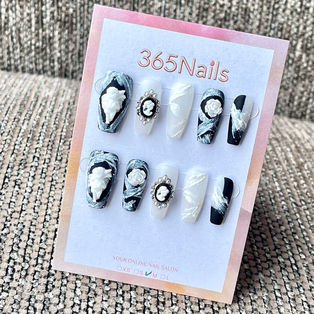 365nails: "Vintage Marble Cameo Sculpted Rose" – 3D Relief Handmade Long Coffin Nails