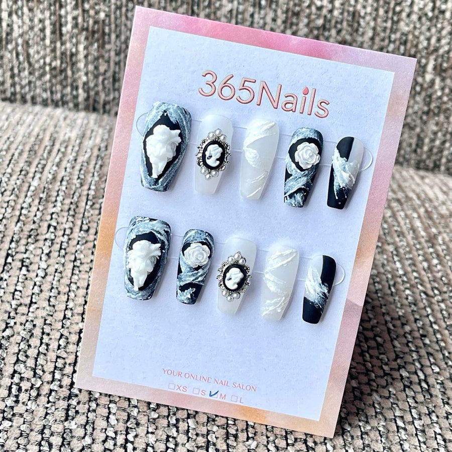 365nails: "Vintage Marble Cameo Sculpted Rose" – 3D Relief Handmade Long Coffin Nails