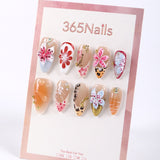365Nails Milk-Tea Nude with Berry Red Mix, Hand-Painted + 3D Petals and Gold Stud Leopard Accents Press-On Nails