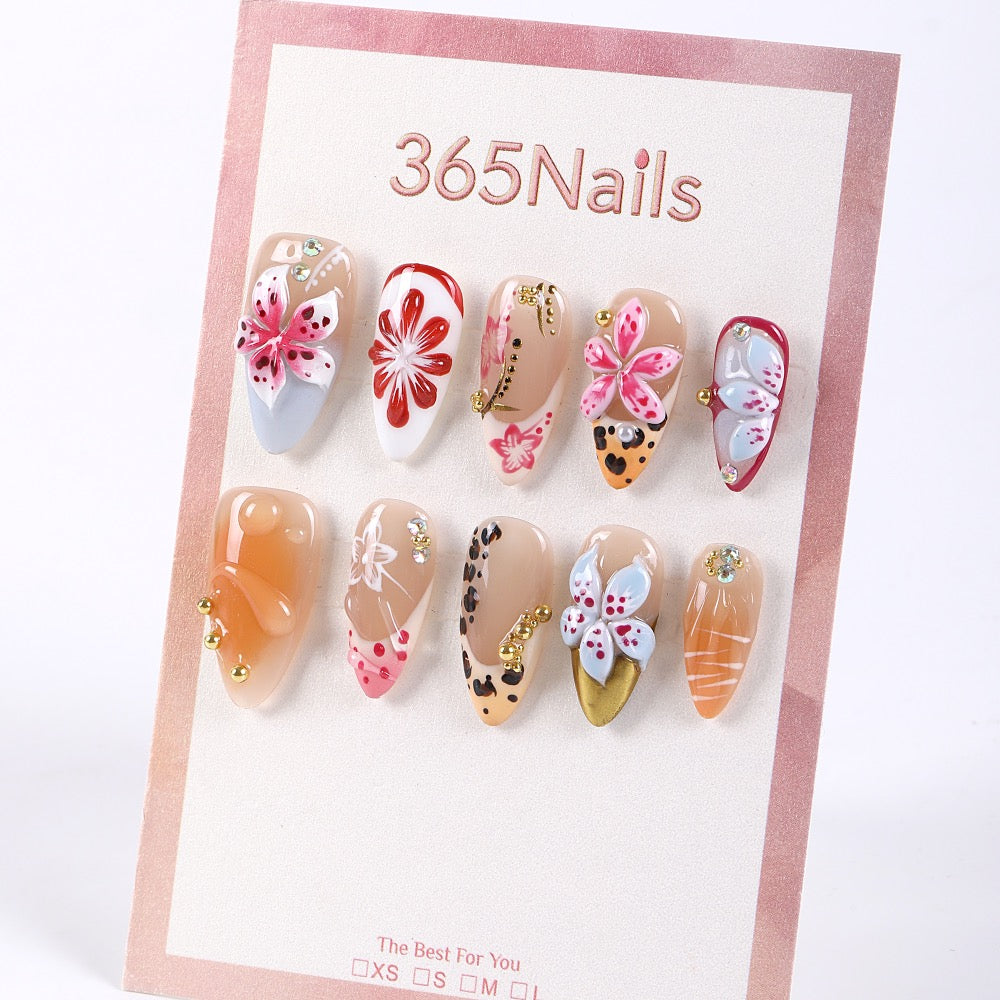 365Nails Milk-Tea Nude with Berry Red Mix, Hand-Painted + 3D Petals and Gold Stud Leopard Accents Press-On Nails