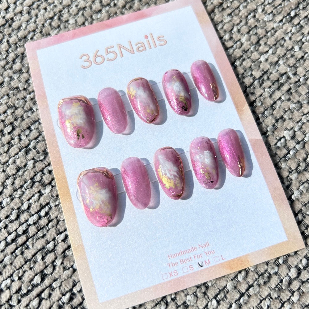 Ethereal Ink: "Rose Quartz Dream" – Dusty Rose Cat Eye & Cloud Marble with Gold Foil & 3D Gold Edge Oval Nails