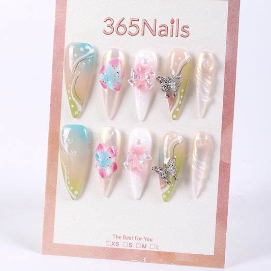 365Nails Sheer Peach Jelly with Mint–Blue Ombre, 3D Petals, Crystal Bows and Butterfly Accents – Long Stiletto Press-On Nails