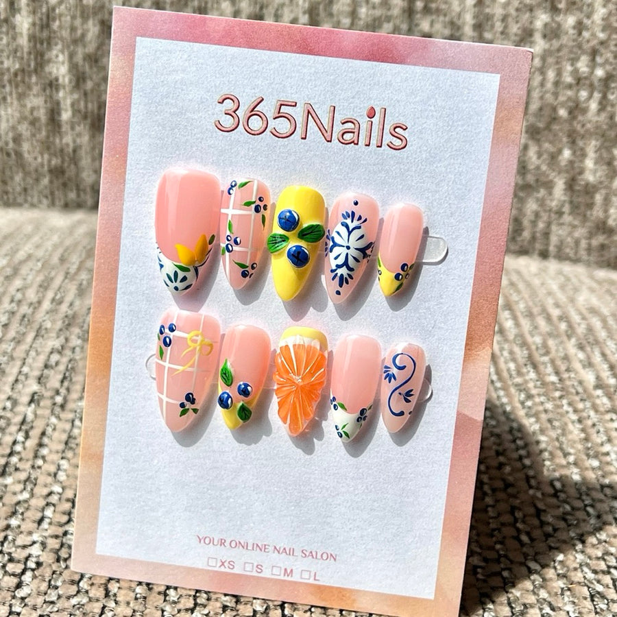 365nails: "Blueberry Citrus" – 3D Sculpted Handmade Medium Almond Press On Nails