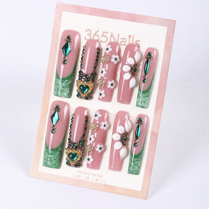 365Nails Emerald Heart Floral Split Long Square Press-Ons