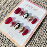 The Gilded Serpent: "Crimson Monarch" – Wine Red & Champagne Gold Textured Press-On Nails with Baroque Cross Charm