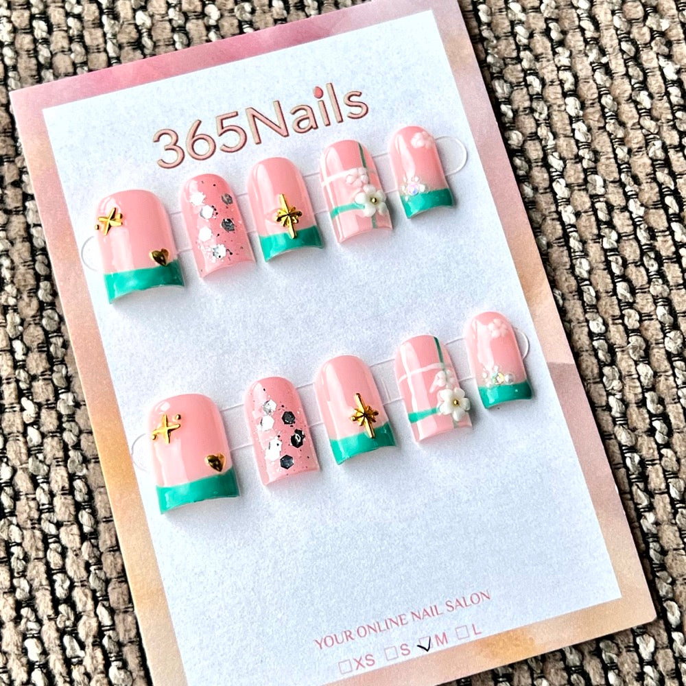 "Pink Green French Floral Gold Charm" - Wholesale Ultra-Soft Flexible Fit Handmade Nails (MOQ=100)