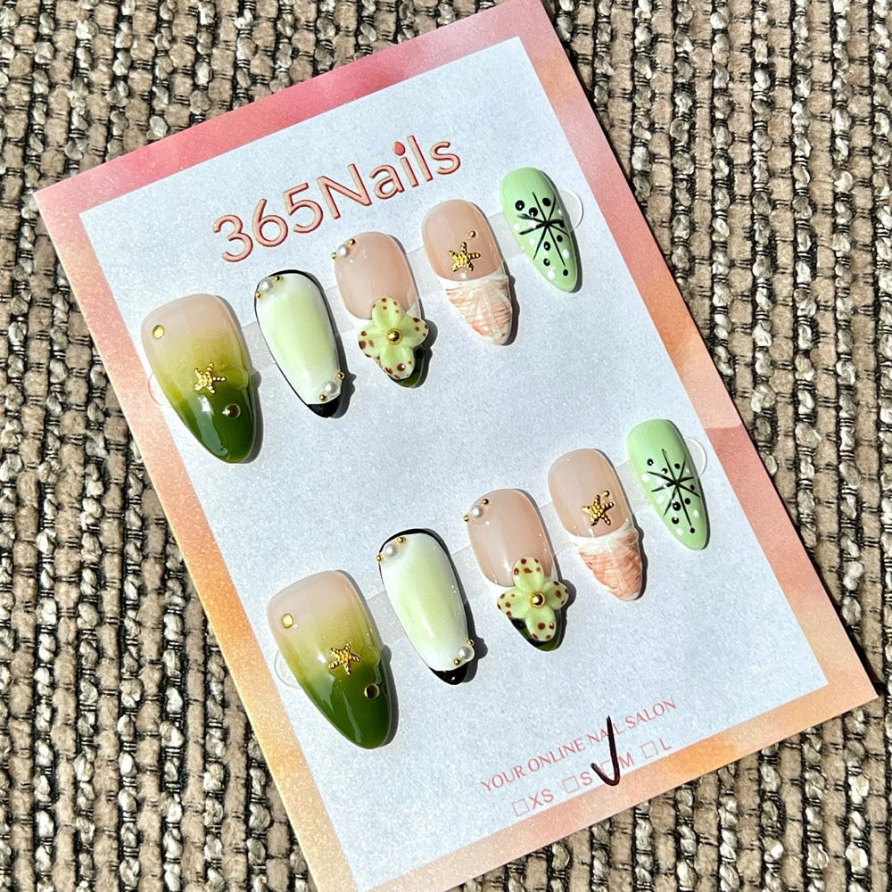 365nails: "Green Pink Starfish Shell Flower 3D" – Handmade Medium Stiletto Press-On Nails