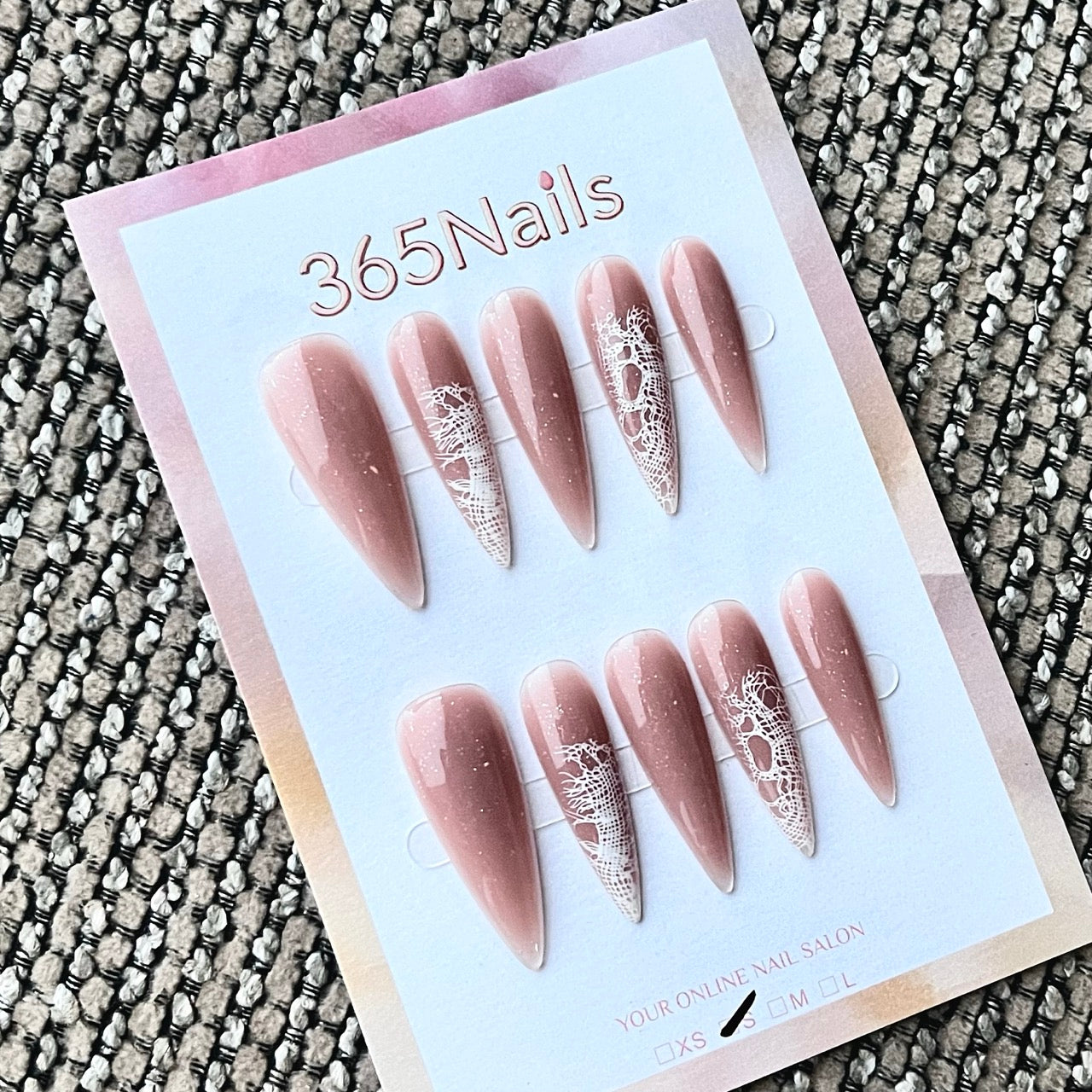 Nude Stiletto Press-On Nails with White Lace Design
