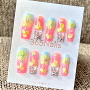 365nails: "Pastel Flower Pop" – Handmade Liquid Motion Press-On Medium Square Nails-3cm