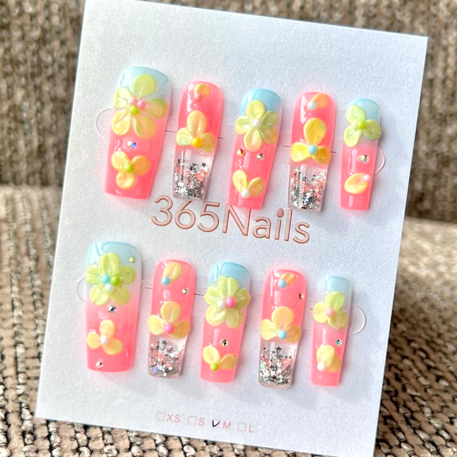 365nails : "Explosion de Fleurs Pastel" — ongles press-on fait main, effet Liquid Motion, mi-longs, forme carrée — 3cm