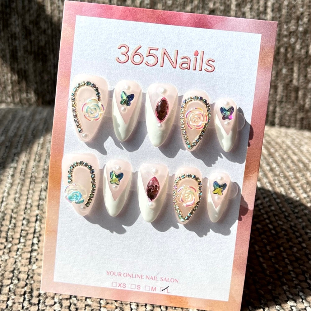 365nails: "Crystal Garden" – 3D Floral Rhinestone Handmade Almond Nails