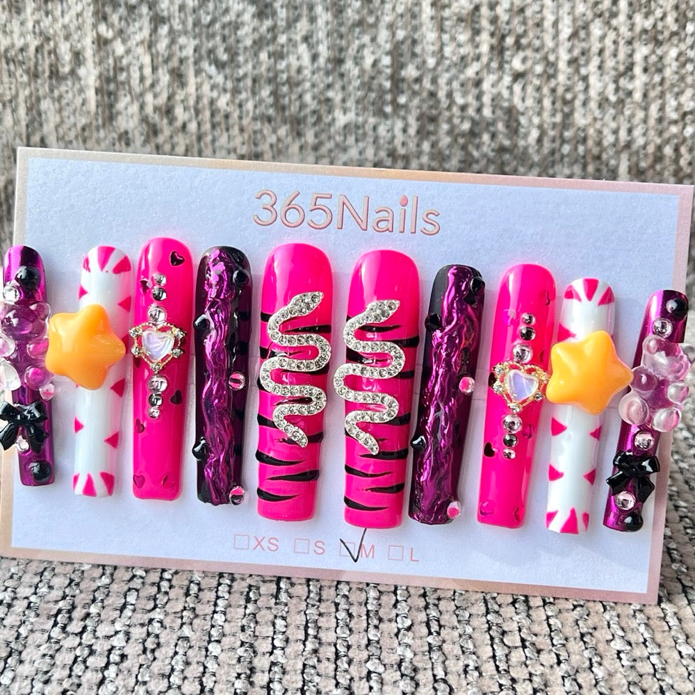 365nails: "Y2K Pink Purple Snake Star" – Handmade Long Trapezoid Press-On Nails