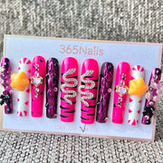 365nails: "Y2K Pink Purple Snake Star" – Handmade Long Trapezoid Press-On Nails