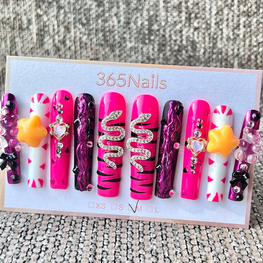 365nails: "Y2K Pink Purple Snake Star" – Handmade Long Trapezoid Press-On Nails