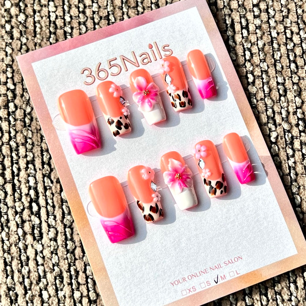 "Leopard Floral & Magenta" - Wholesale Ultra-Soft Flexible Fit Handmade Nails (MOQ=100)